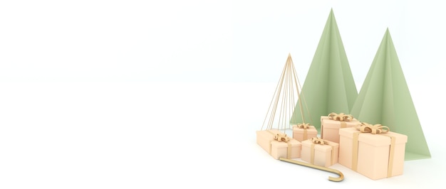 Weihnachtsbaum-Gehstock mit Geschenkbox und weißem Hintergrund. 3D-Rendering