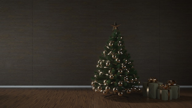 Weihnachtsbaum, Geschenke und Dekoration im leeren Wohnzimmer, Modellwand, 3D-Illustration.