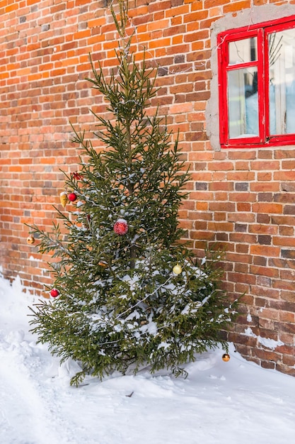 Weihnachtsbaum geschmückt mit beleuchteten Lichtern und Kugeln und Girlanden des neuen Jahres auf der Außenseite Weihnachtsbaum vor dem Gebäude auf der Straße