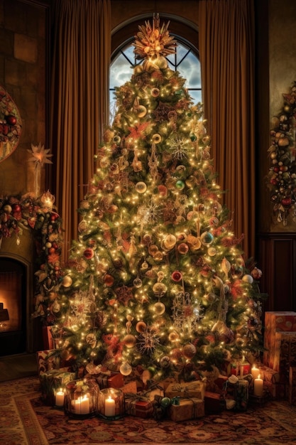 Weihnachtsbaum geschmückt mit Ornamenten und Lichtern, die mit generativer KI erstellt wurden