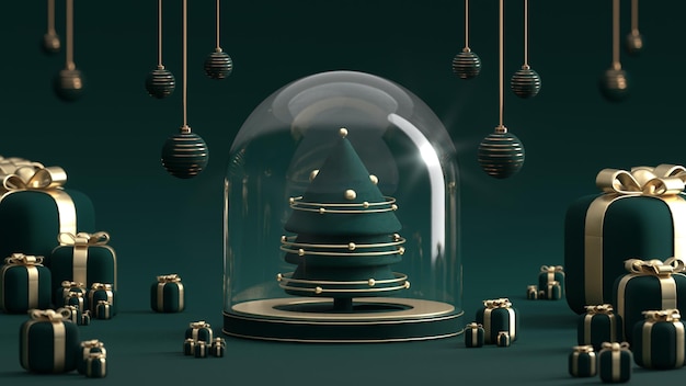 Weihnachtsbaum Glaspodium und Ornamente schwarzer Hintergrund Social Media Post 3D Render