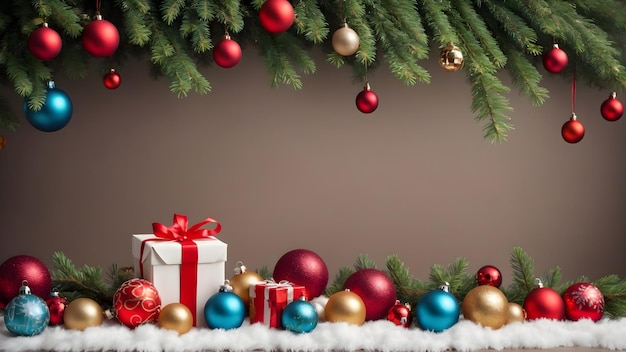 Weihnachtsbaum-Hintergrund mit Schmuckstücken und Geschenkkisten auf einem Holztisch