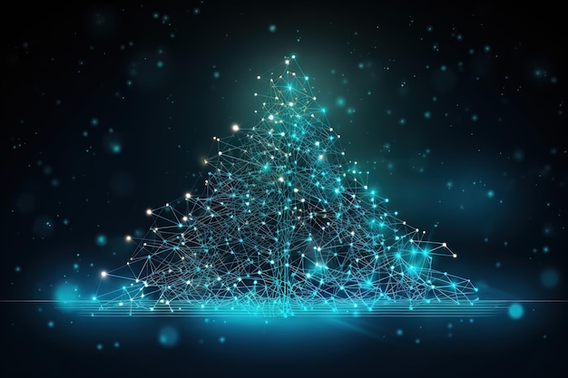 Weihnachtsbaum-Illustration mit blauen neuronalen Verbindungspunkten, Linien und leuchtenden Punkten Generative Ai