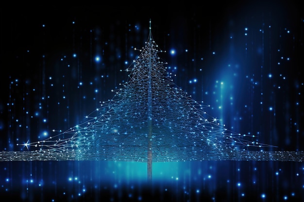 Weihnachtsbaum-Illustration mit blauen neuronalen Verbindungspunkten, Linien und leuchtenden Punkten Generative Ai