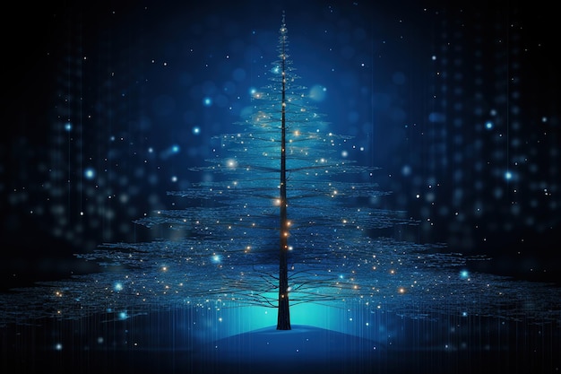 Weihnachtsbaum-Illustration mit blauen neuronalen Verbindungspunkten, Linien und leuchtenden Punkten Generative Ai
