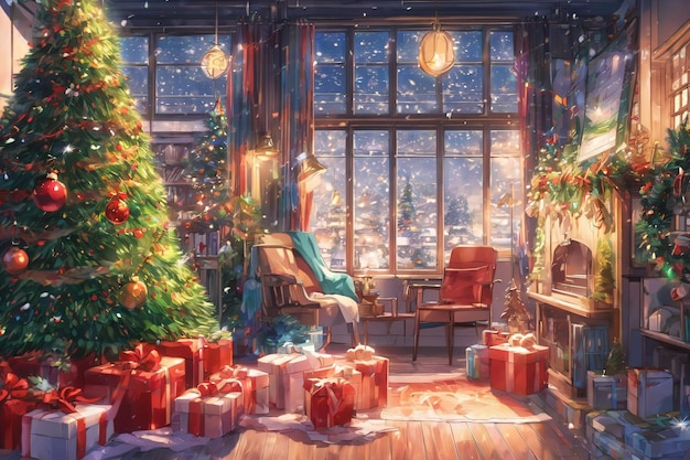 Weihnachtsbaum im Anime-Stil, geschmückt mit Scheuklappen und Geschenkboxen. Aroundxmas-Tapete