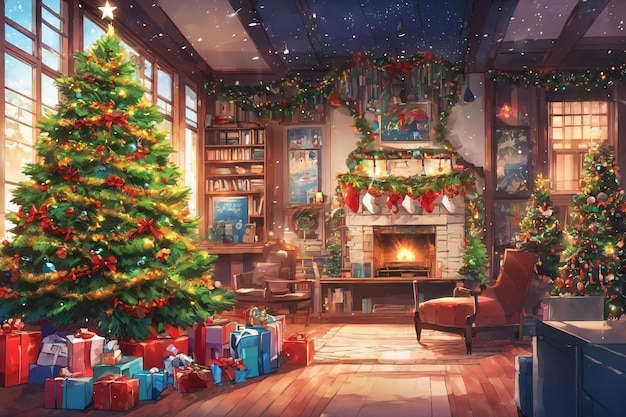 Weihnachtsbaum im Anime-Stil, geschmückt mit Scheuklappen und Geschenkboxen. Aroundxmas-Tapete