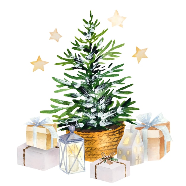 Weihnachtsbaum im Korb Aquarell isoliert mit Geschenkboxen