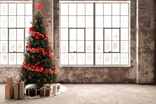 Weihnachtsbaum im modernen Interieur, leeres Fenstermodell, 3D-Rendering