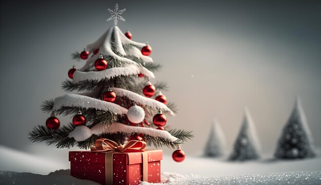 Weihnachtsbaum im Schneehintergrund mit Stapel generativer Geschenkbox