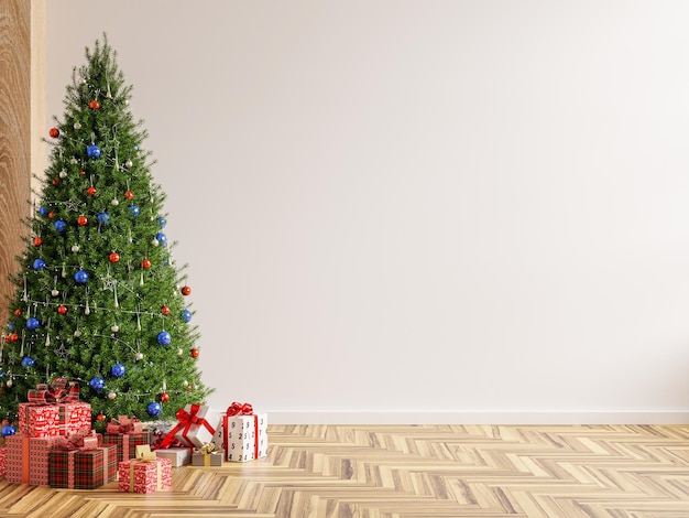 Weihnachtsbaum im Wohnzimmer auf leerer hellweißer Wand. 3D-Rendering