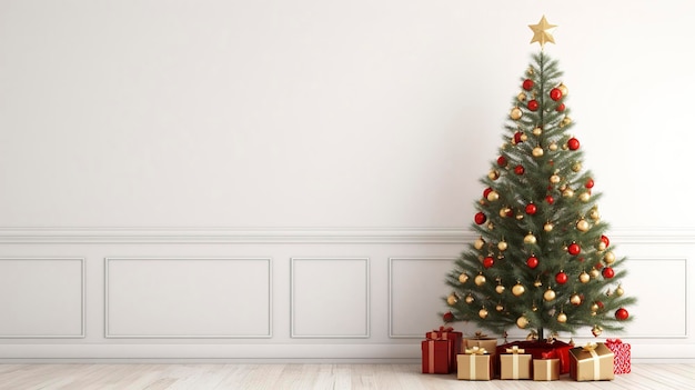 Weihnachtsbaum im Wohnzimmer auf leerer hellweißer Wand mit Kopierraum
