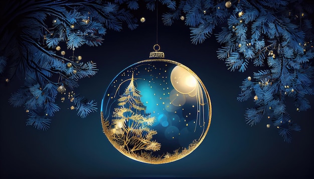 Weihnachtsbaum in Ball hängender Tannenzweig mit goldenem Glitzern mit generativer KI-Technologie