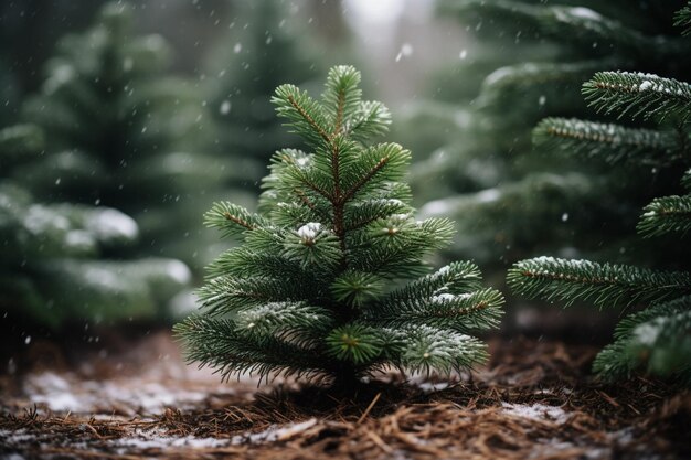 Weihnachtsbaum in der Natur mit roten Kugeln