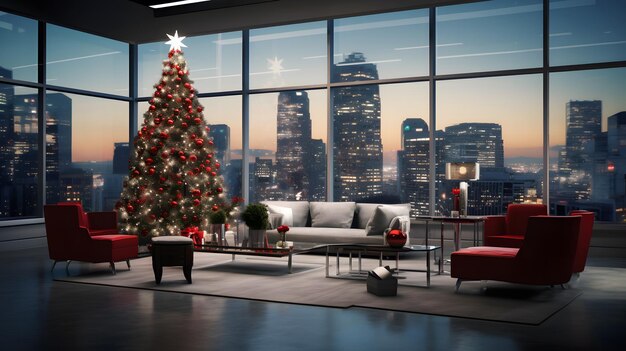 Weihnachtsbaum in einem Wohnzimmer mit Blick auf die Stadt und rotem Akzent
