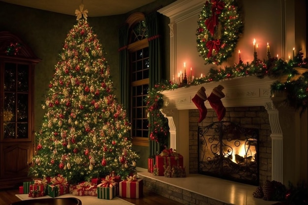 Weihnachtsbaum in einem Wohnzimmer mit Kamin und Weihnachtsdekoration