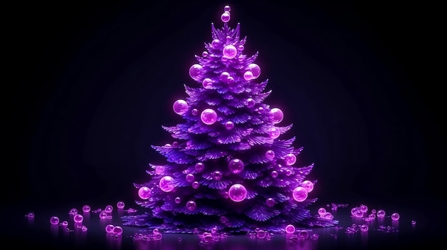 Weihnachtsbaum in violetter Farbe auf dunklem Hintergrund, generative KI