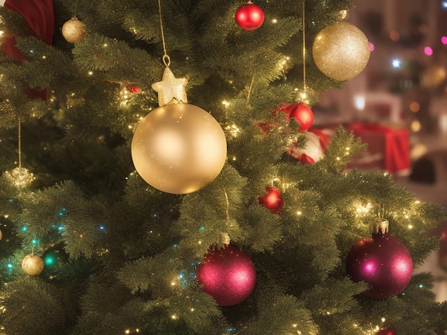 Weihnachtsbaum mit Ballen und verschwommenen glänzenden Lichtern