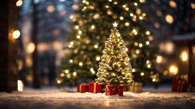 Weihnachtsbaum mit Beleuchtung und verschwommenem Schnee Bokeh-Landschaft-Hintergrund