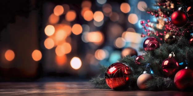 Weihnachtsbaum mit Dekoration, roten Kugeln und Lichtern im abstrakten, defokussierten Hintergrund, Bokeh-Girlanden im Hintergrund, Neujahrskonzept, Ai generieren