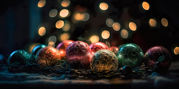 Weihnachtsbaum mit Dekoration, roten Kugeln und Lichtern im abstrakten, defokussierten Hintergrund, Bokeh-Girlanden im Hintergrund, Neujahrskonzept, Ai generieren