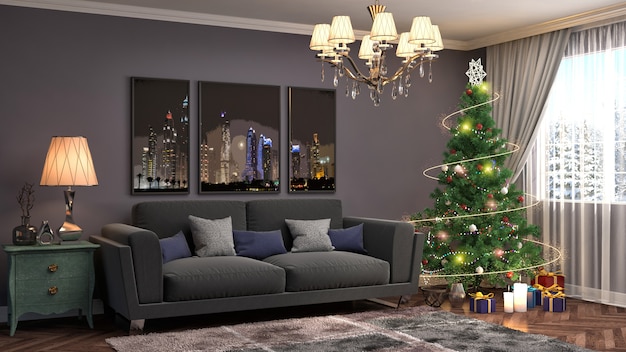 Weihnachtsbaum mit Dekorationen im Wohnzimmer