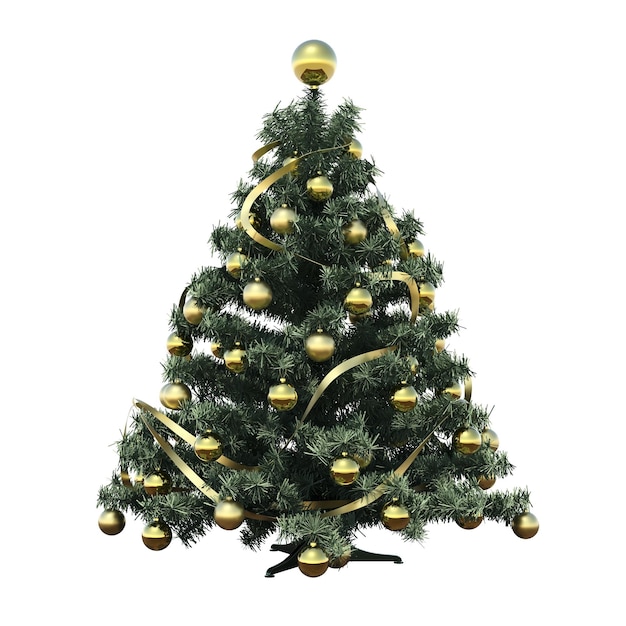 Weihnachtsbaum mit Dekorationen, isoliert auf weißem Hintergrund, 3D-Darstellung, cg-Rendering