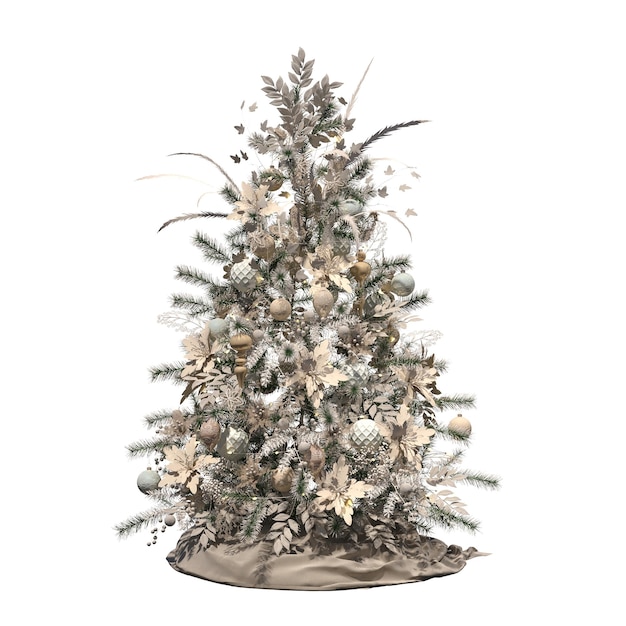 Weihnachtsbaum mit Dekorationen, isoliert auf weißem Hintergrund, 3D-Darstellung, cg-Rendering
