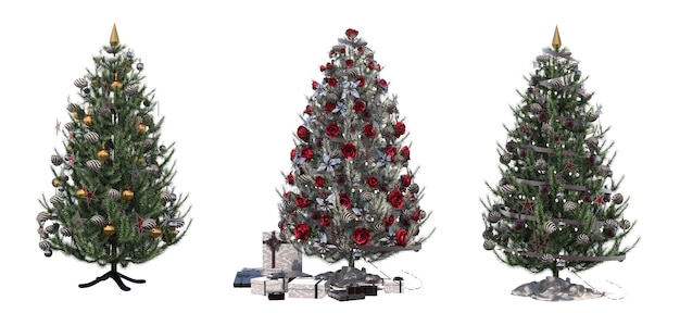 Weihnachtsbaum mit Dekorationen, isoliert auf weißem Hintergrund, 3D-Darstellung, cg-Rendering