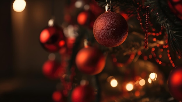 Weihnachtsbaum mit Dekorationskugeln und Lichtern generativer ai