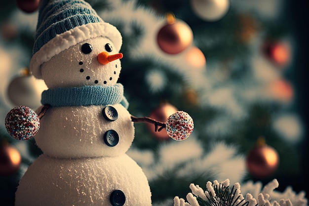 Weihnachtsbaum mit einer großartigen Fotografie des SpielzeugSchneemanns
