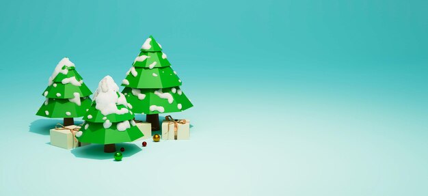 Weihnachtsbaum mit Geschenkbox, niedriges Polygon 3D von Weihnachten, Wiedergabe von 3D-Illustrationen
