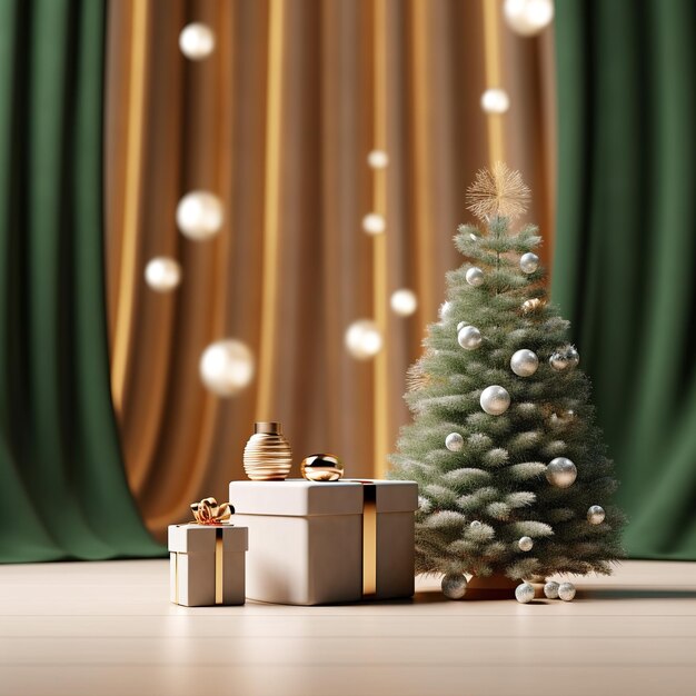 Weihnachtsbaum mit Geschenkboxen, Luxusprodukt-Präsentationspodest mit Kiefernholz, KI-generiert