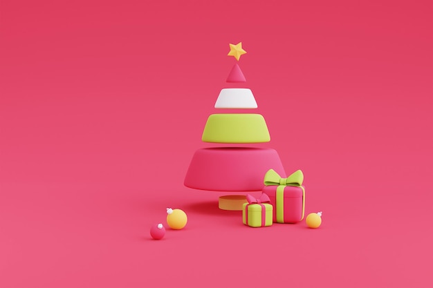 Weihnachtsbaum mit Geschenkboxen, minimalistisches 3D-Design Xmas Decorations.3d Render-Illustration.