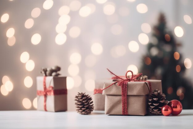 Weihnachtsbaum mit Geschenkboxen, verschwommener Hintergrund mit Kopierraum