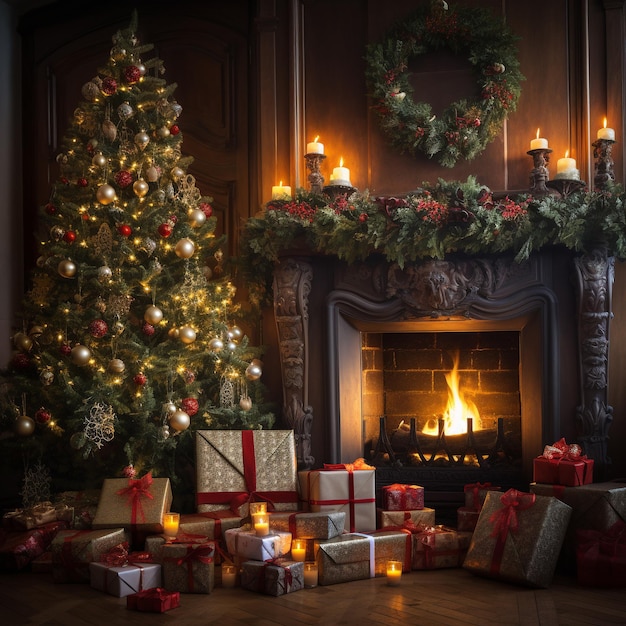 Weihnachtsbaum mit Geschenken am Kamin