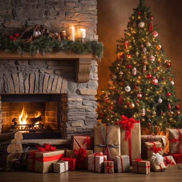 Weihnachtsbaum mit Geschenken am Kamin