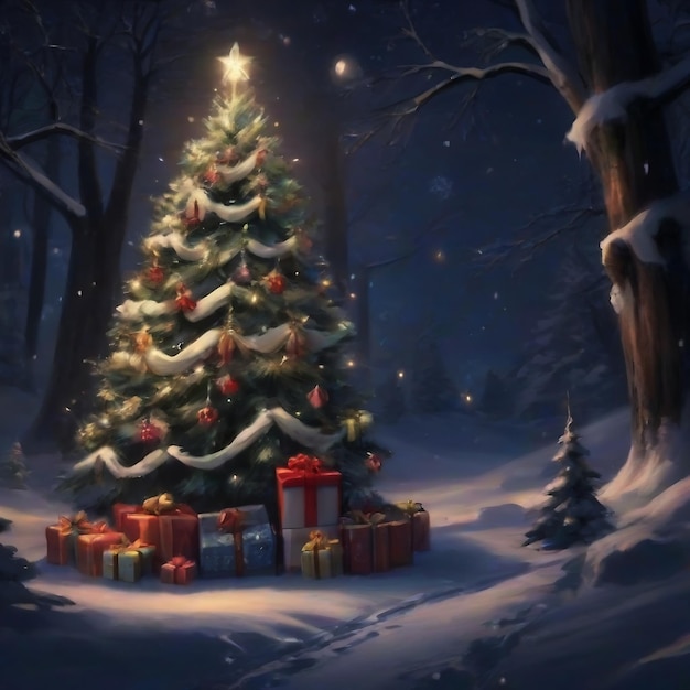 Weihnachtsbaum mit Geschenken im Schnee in der Nacht vertikale Tapete 2019 Trendfoto