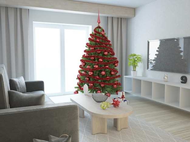 Weihnachtsbaum mit Geschenken im Zimmer mit weißen Wänden und Fenster und Sofa