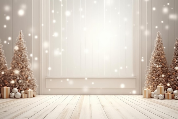 Weihnachtsbaum mit Geschenken im Zimmer mit weißer Wand und Holzboden