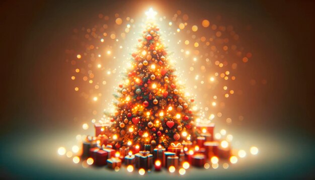 Weihnachtsbaum mit Geschenken und Bokeh-Lichtern auf dunkelrotem Hintergrund Generative KI