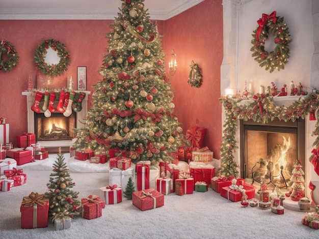Weihnachtsbaum mit Geschenken und Kamin im Wohnzimmer Weihnachtshintergrund