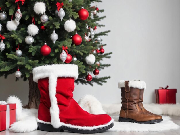 Weihnachtsbaum mit Geschenken und Stiefeln