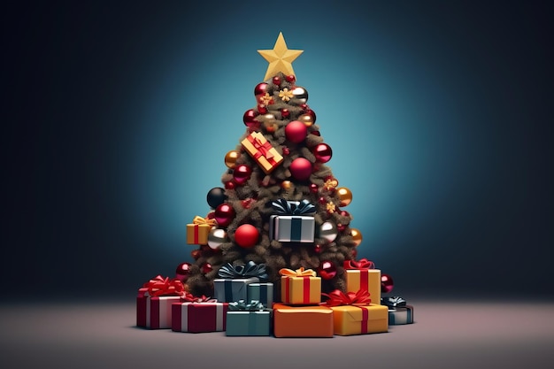 Weihnachtsbaum mit Geschenkkisten auf Schnee-Hintergrund