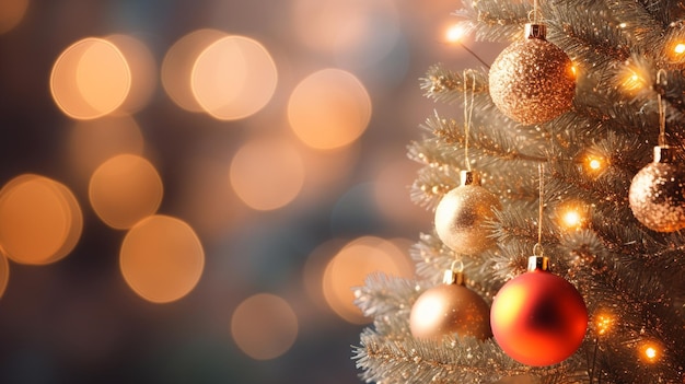 Weihnachtsbaum mit goldener Christbaumkugel-Ornamentdekoration auf unscharfem Hintergrund mit Kopierraum für den Urlaub