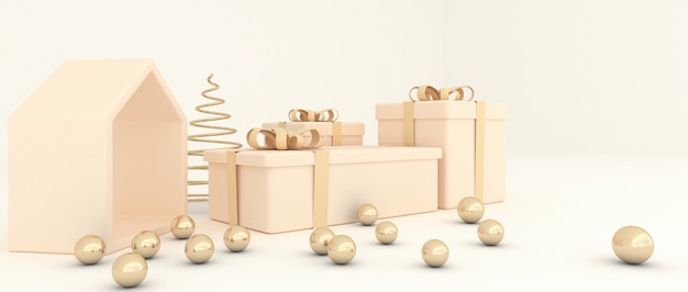 Weihnachtsbaum mit Goldkugelball des kleinen Hauses, einer Geschenkbox und cremefarbenem Hintergrund. 3D-Rendering