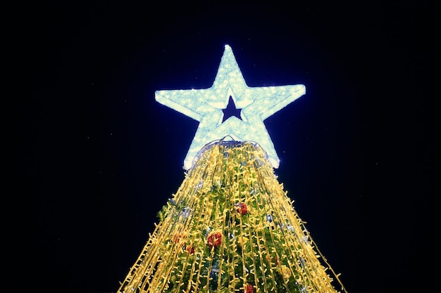 Weihnachtsbaum mit großer weißer Sternspitze, geschmückt mit gelben Girlanden und bunten Zierzwiebeln