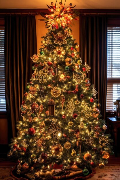 Weihnachtsbaum mit leuchtenden Lichtern und Ornamenten, erstellt mit generativer KI