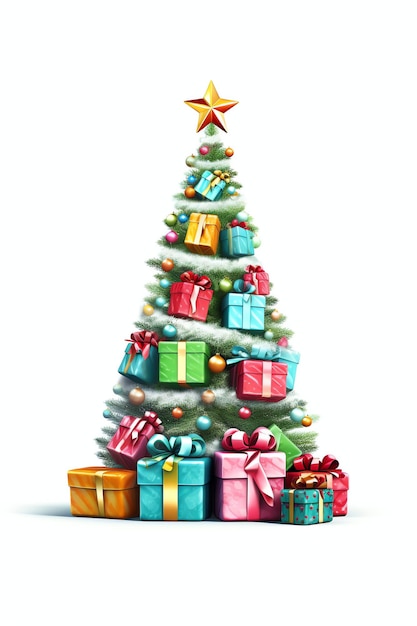 Foto weihnachtsbaum mit licht und geschenkkisten auf weißem hintergrund geschmückt neujahr und frohe weihnachten