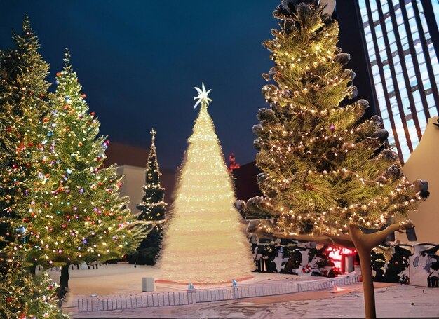 Weihnachtsbaum mit Lichtern draußen in der Nacht in der Kiewer Sophia-Kathedrale im Hintergrund Neujahrsfeier